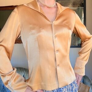 Vintage 100% Silk Button Down Blouse Small Golden Tan Talbots Classic Preppy